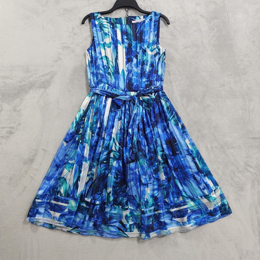 Luxe By Carmen Marc Valvo Dress Womens 8 Blue Floral Chiffon Belted Fitโ & Flare